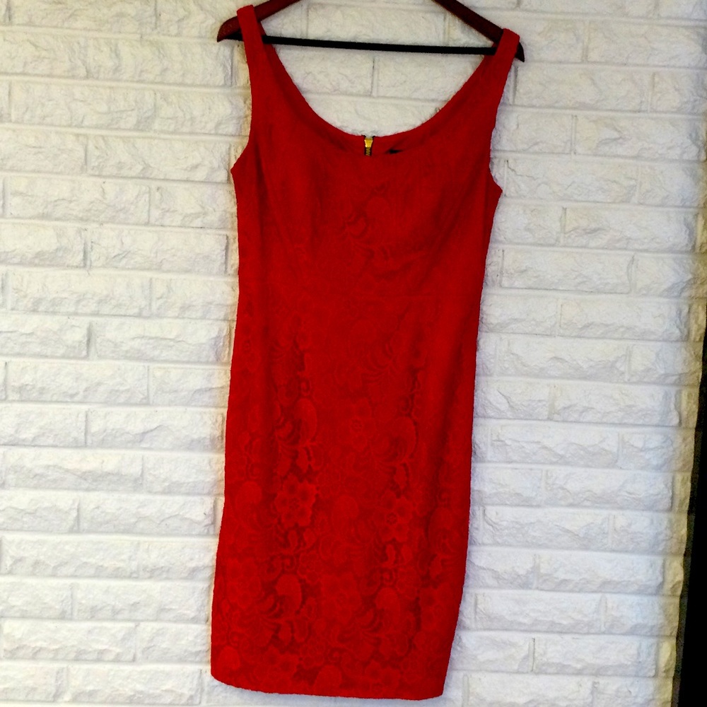 Beautiful red dress with crochet overlay.